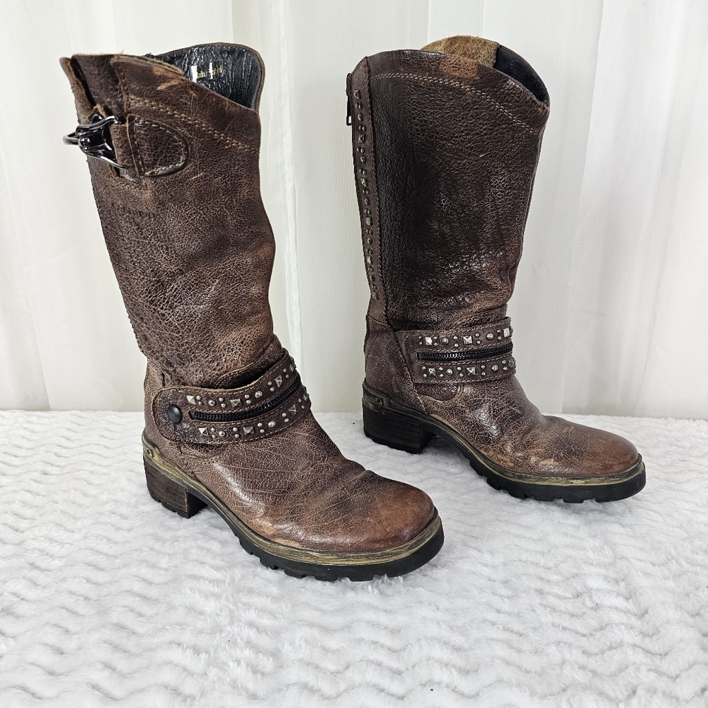 Cafe Noir Brown Leather Distressed Mid-Calf Western Style Biker Boots 36